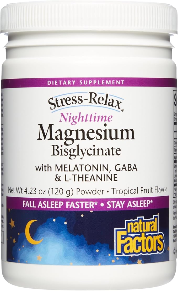 Natural Factors Stress-Relax Nighttime Magnesium Bisglycinate - Supports Sleep & Relaxation* - with Melatonin, L-Theanine & GABA - Tropical Flavor - 4.23 oz