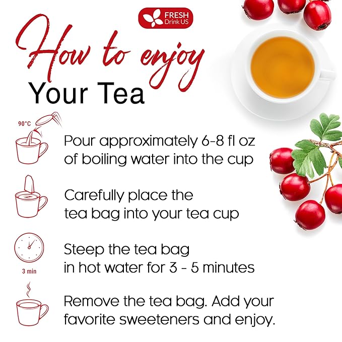 FreshDrinkUS, Premium Hawthorn Berry Tea - 40 Tea Bags - 100% Natural Herbal Infusion, Caffeine-Free, Rich Aroma & Smooth Taste. Vegan