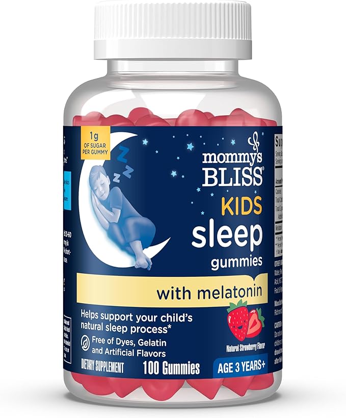 Mommy's Bliss Kids Sleep Melatonin Gummies, Non Habit-Forming with No Artificial Colors, Flavors or Gelatin - Age 3 Years+ - Strawberry Flavor - 100 Sleep Gummies