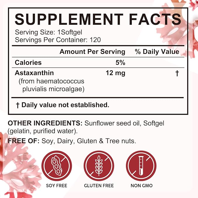 2 Pack Astaxanthin Supplements 12mg, Premium Astaxanthin Antioxidant Supplements with Antioxidant Activity, Supports Eye, Skin, Immune, Joint, Internal Circulation