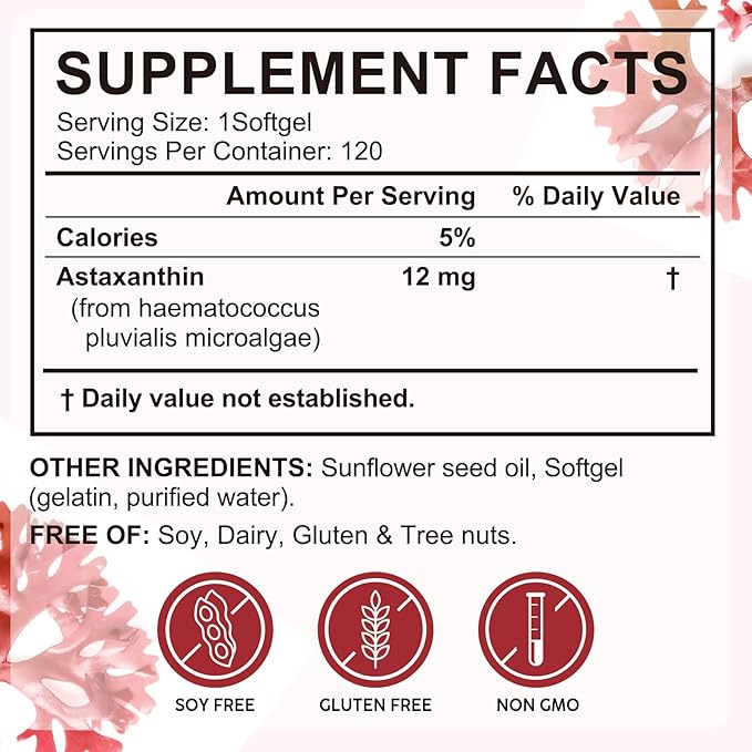 Tiuedu Astaxanthin 12mg, 120 Softgels, 4 Month Supply, Astaxanthin Antioxidant Supplements, Supports Eye, Joint, Internal Circulation, Skin Health