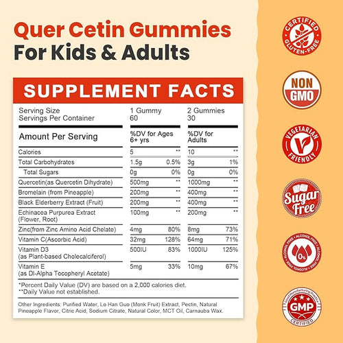 (2 Pack) Sugar Free Quercetin with Bromelain Gummies for Kids & Adult - Immune, Antioxidant, Seasonal Support, 1000mg Quercetin Supplements with Bromelain, Zinc, Elderberry, Vitamin C D3 E, 120 Count