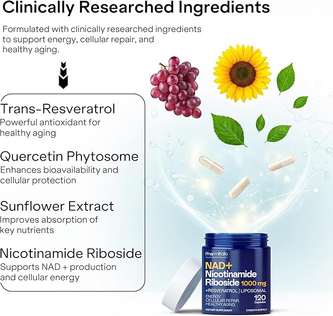 Liposomal NAD+ Supplement with Resveratrol - Nicotinamide Riboside 1000 Mg - NAD Supplements for Women & Men - NMN Supplement Alternative - Advanced NAD Resveratrol for Cellular Energy - 120 Capsules