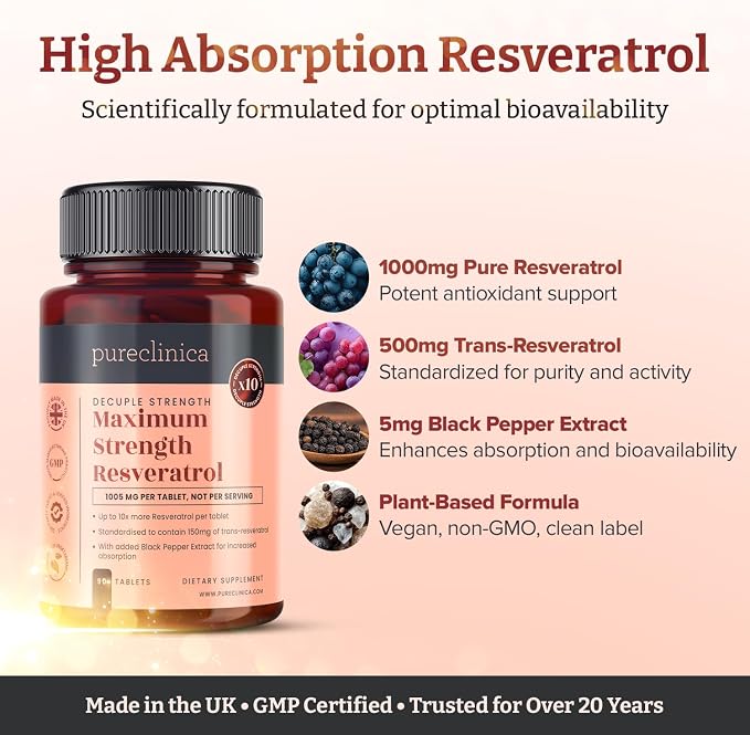 pureclinica 1000mg Resveratrol x 90 Tablets (3 Months Supply). 10 x Strength with Black Pepper Extract for Faster Absorption