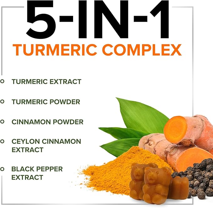 Turmeric Curcumin Supplement Gummies - 95% Curcuminoids with Turmeric Ginger, Black Pepper for Best Absorption, Nature's Vegan Joint Support, Non-GMO, Gluten Free, Tasty Cinnamon Flavor - 60 Gummies