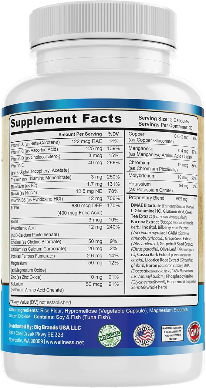 Neuro Focus Formula | Supports Mental Clarity & Focus | Vitamin A,C,D,E,B6 | Gluten Free, Sugar Free, Lactose Free | 60 Capsules | Made in The USA.