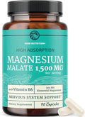 Magnesium Malate 1500MG | Energy & Nervous System Support | 300MG Elemental Mag Per Serving | High Absorption Magnesium Malate Capsules with VIT B6 + Black Pepper | Non-GMO | 90 Ct (1 Month Supply)