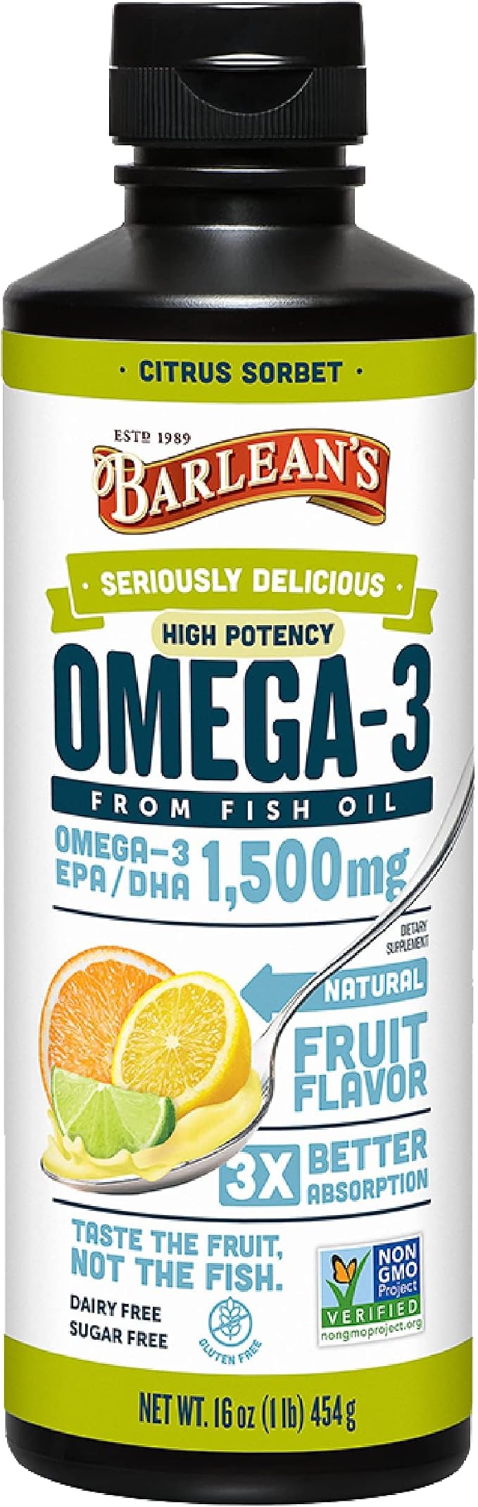 Barlean's Omega 3 Fish Oil Liquid Supplement for Men and Women, 1500mg of EPA and DHA Fatty Acid, Promotes Brain & Heart Health - Non-GMO, Citrus Sorbet, 16 oz