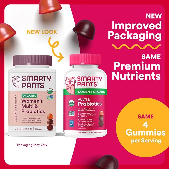 SmartyPants Organic Women's Multivitamin Gummies: Biotin,Probiotics,Methylfolate,Omega 3 (ALA),Vitamin D3,C,Vitamin B12,B6,A,K & Zinc,Inositol,Gluten Free,(30 Day Supply),120 Count (Pack of 2)