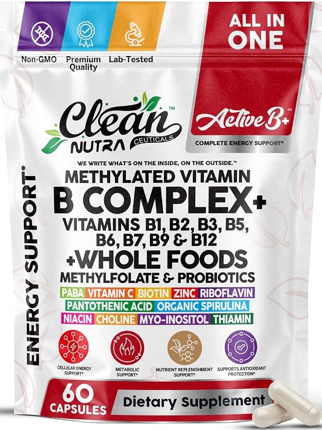 Vitamin B Complex Methylated B Vitamins for Women, Vitamin B12 Methylcobalamin Methylfolate B12 B1 B2 B3 B5 B6 B7 B9 Biotin Myo Inositol Choline Organic Spirulina Methylated Multivitamin 60 Ct