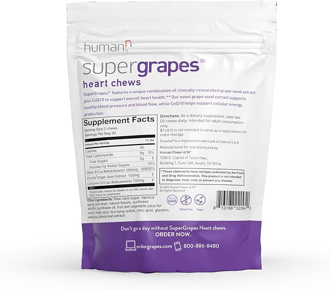 Humann SuperGrapes Chews Supplement – 100mg CoQ10 and Grape Seed Extract – from The Makers of SuperBeets - Grape Flavor, 60 Count