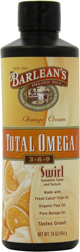 Barlean's Total Omega 3 6 9 Liquid Fish Oil Supplement with Borage and Flaxseed Oil, Orange Crème, 2,400 mg of EPA, DHA and GLA Fatty Acids, 16 oz
