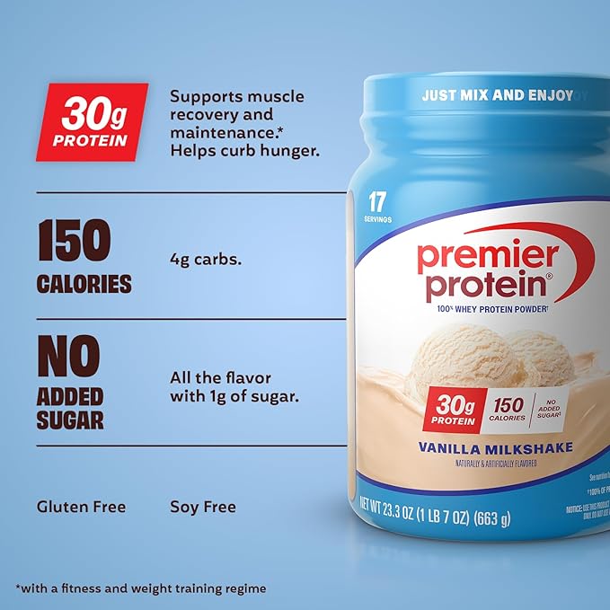 Premier Protein Powder, Vanilla Milkshake, 30g Protein, 1g Sugar, 100% Whey Protein, Keto Friendly, No Soy, Gluten Free, 23.3 oz (17 Servings)