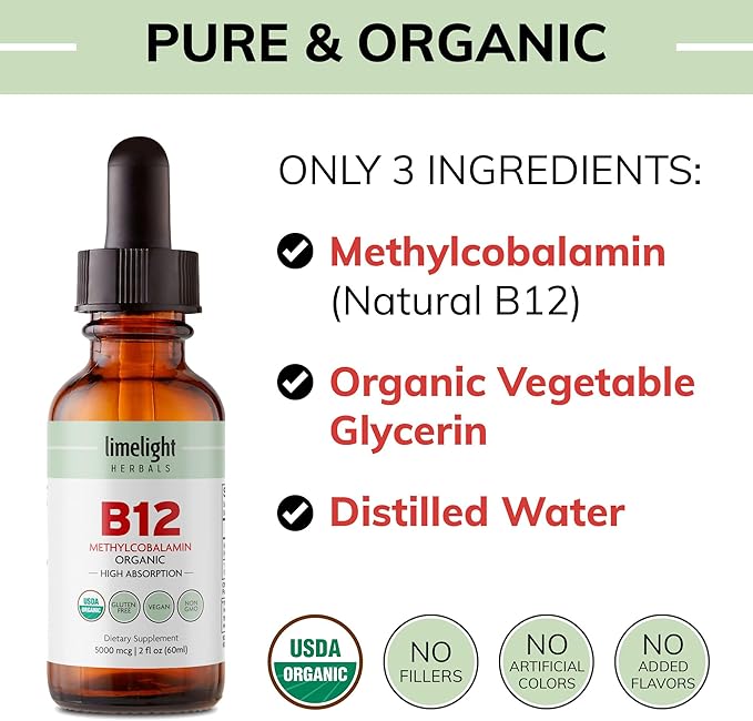 USDA Organic Vitamin B12 Liquid Drops 5000 mcg, Methylcobalamin, Sublingual, Fast Absorption, Cellular Energy, Metabolism Support, Nervous System, Mental Focus, Vegan, Non-GMO, 2 fl oz, 60 Servings