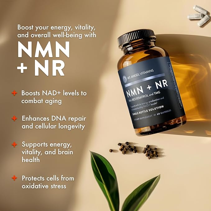 Mt. Angel Vitamins NMN Supplement + NR with Resveratrol & TMG, Dual NAD+ Precursors for Cellular Energy & Healthy Aging, 60 Capsules