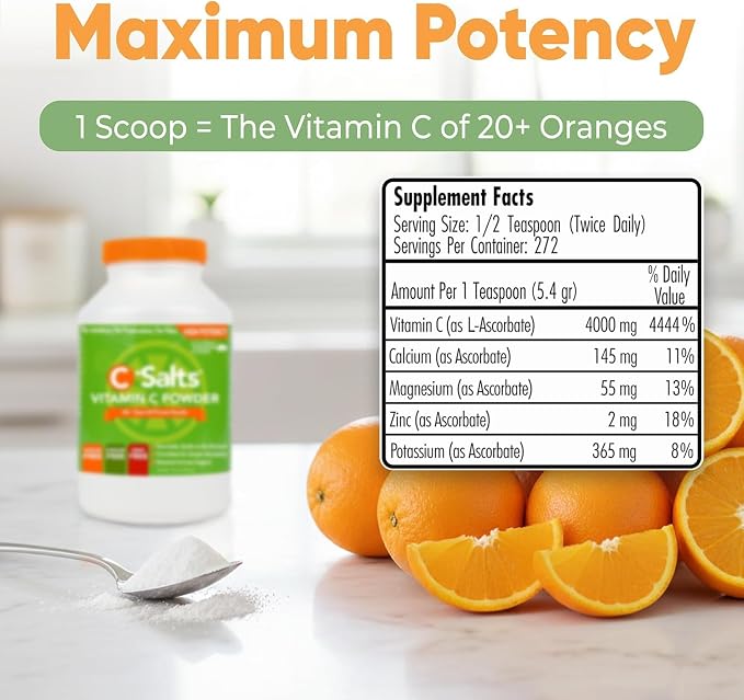 C-Salts Vitamin C Powder - 100% Pure Buffered Ascorbic Acid Powder for Daily Immune Support & Collagen Production - Stomach-Friendly Organic Vegan Non-GMO Sugar-Free - 272 Servings - Original, 26oz