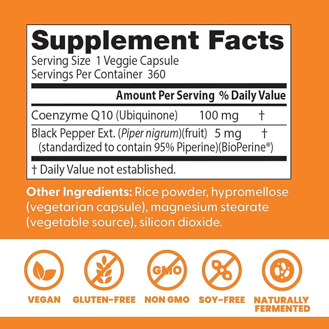 Doctor's Best High Absorption CoQ10 100mg with BioPerine Supplement - Coenzyme Q10 Caps for Heart Health & Antioxidant Support, CoQ10 100 mg for Women & Men, Non GMO - 360 Veg Capsules