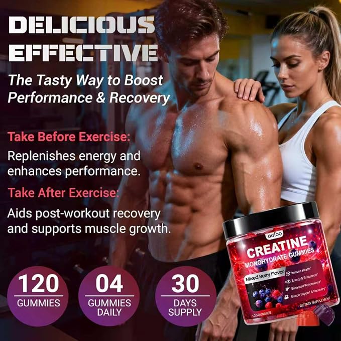 ooioo Creatine Monohydrate Gummies for Men & Women – Boost Focus, Stamina & Muscle Growth – Sugar Free, Vegan, with L-Taurine, BCAA 2:1:1, B12 & B6 – Mixed Berry Flavor – 120 Gummies