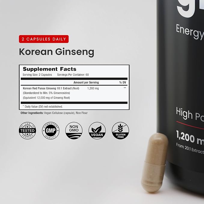 NutraChamps Korean Red Panax Ginseng Capsules | Extra Strength Ginsenosides for Energy, Focus, Performance, Vitality & Immune Support | Korean Ginseng Root Extract (120, Red)