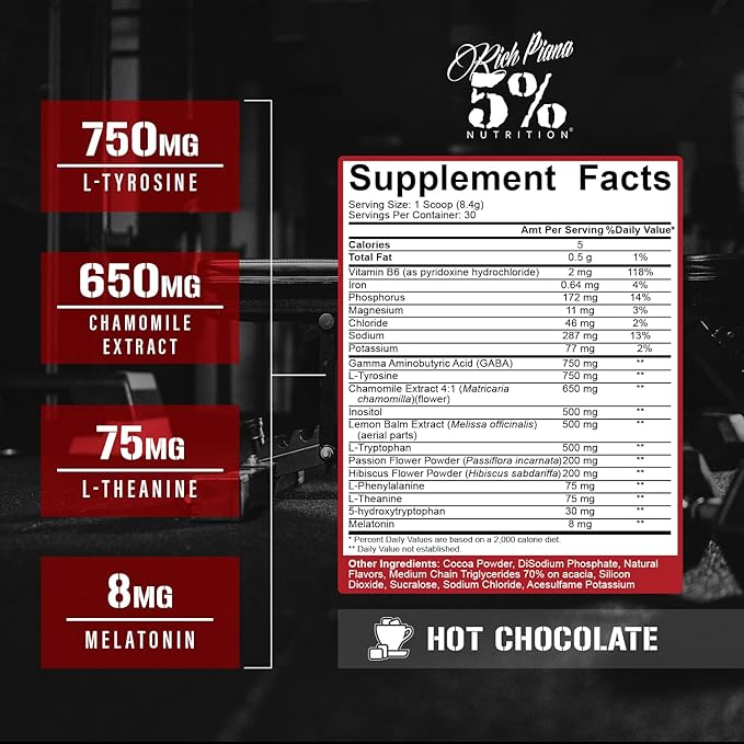 5% Nutrition Rich Piana Knocked Out Natural Sleep Aid | Post-Workout Recovery & Deep Sleep Supplement | GABA, Melatonin, Chamomile, Tyrosine, 5-HTP, & More | 8.4 oz, 30 Servings (Hot Chocolate)