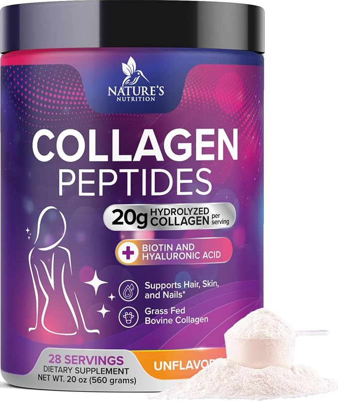 Collagen Peptides Powder - Hydrolyzed Type 1 & 3 Collagen Peptides 20g per Serving with Hyaluronic Acid & Biotin - Vital Nail, Skin & Joint Support - No Sugar, Unflavored, Bottled in USA - 28 Servings