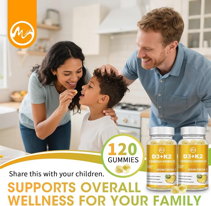 M inch Vitamin D3 K2 Gummies, Vitamin D3 10000IU, K2 (MK-7) 200mcg, 6-in-1 Vitamina D3 con K2 Supplement with Omega-3 for Women and Men - Bones, Teeth & Immune Support, Sugar Free, 2 Pack