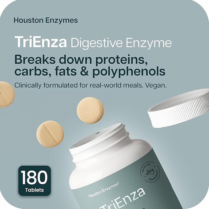 Houston Enzymes TriEnza - Digestive Enzyme Supplement for Gluten, Casein, Soy, Proteins, Carbohydrates, Fats & Polyphenols - Digestive Enzymes for Women & Men (180 Chewable Tablets)