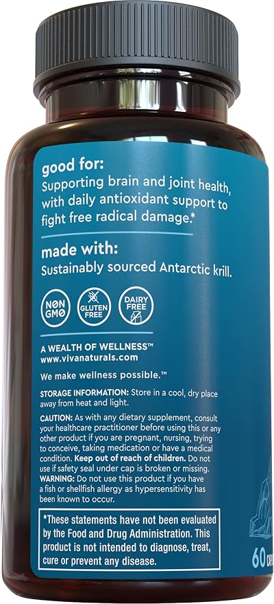 Viva Naturals Antarctic Krill Oil 1250 mg, Omega 3 EPA DHA and Astaxanthin, Joint Support and Brain Supplement with Antioxidant Properties, No Fishy Aftertaste (Pack of 6)
