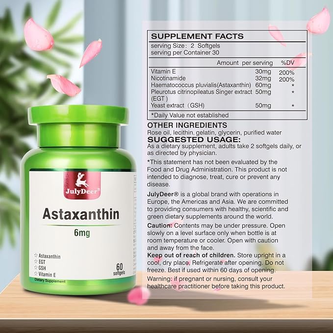 JulyDeer 2 Bottles Astaxanthin 6 mg with Nicotinamide Vitamin E Premium Antioxidant Supplement EGT GSH - for Skin, Eye, Joint & Immune System Health Cell Health & Energy丨5 in 1-120 Softgels