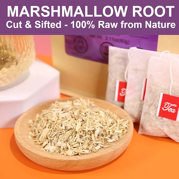 FullChea Marshmallow Root Tea, 2g X 30 Count, Premium Althaea Officinalis | Made of Natural Dried Cut & Sifted Loose Root, Non-GMO, Caffeine-free, Respiratory Support & Promote Digestion, Grassy Flavor