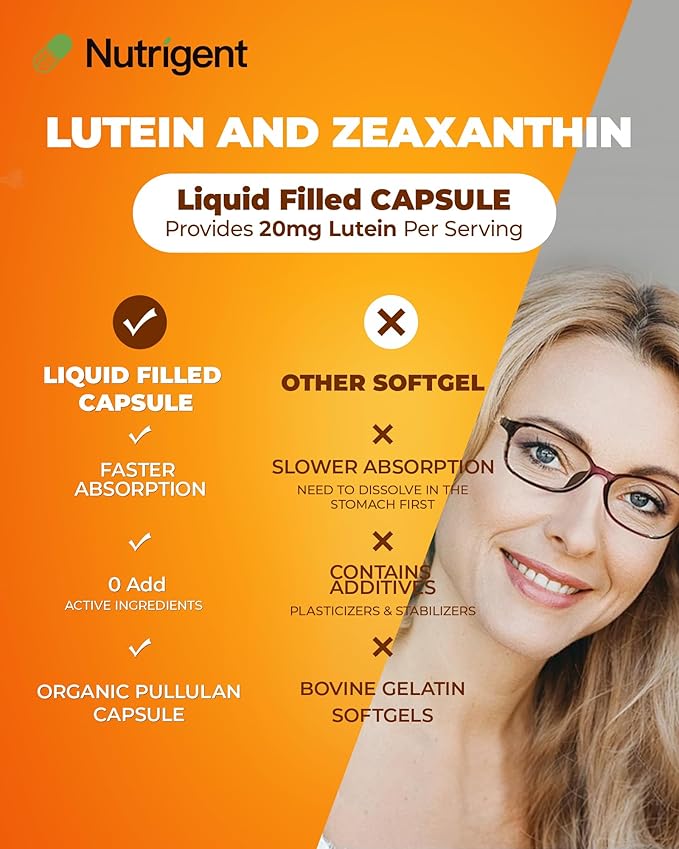 Lutein 20 mg with Zeaxanthin, Liquid Filled Organic Capsules, Eye Health Supplements, Support Vision Health, Gluten Free, Soy Free (60ct)