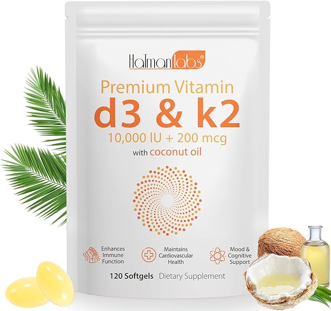 Vitamin D3 K2 Supplement Softgel, Vitamin D3 K2 Softgel with 10000 IU Supports Immune, Heart, Teeth & Bone Health, Free of GMO, Gluten, Soy, 120 Softgels