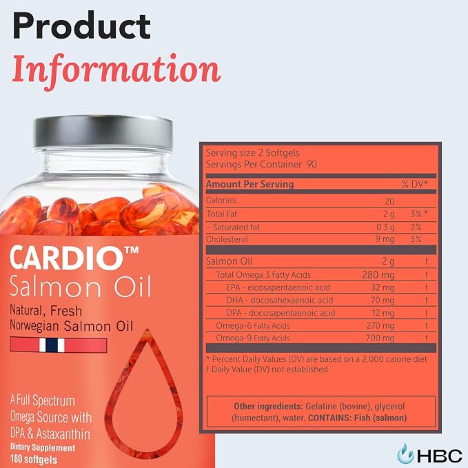High Strength Omega 3 Fish Oil - 1000mg, Norwegian Salmon Oil with EPA & DHA, No Burping or Aftertaste, Omega 3 Fatty Acids Supplement for Eye, Brain & Heart, Triglyceride Form - 180 Capsules