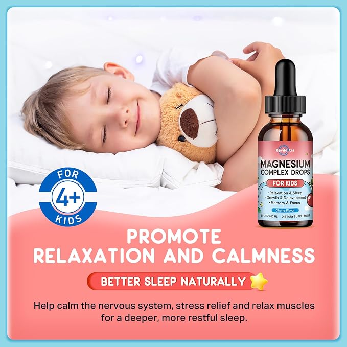 Magnesium Glycinate Liquid for Kids, Kids Magnesium Drops with L-Theanine, Calcium, Zinc, Vitamin D3 K2 for Sleep, Calm, Mood, Relaxation, Focus, Brain, Bones, Natural Cherry Flavor 2 Fl Oz