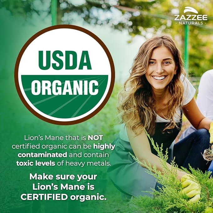 Zazzee USDA Organic Lion's Mane 20:1 Extract, 1000 mg Per Serving, 30% Beta Glucans, 120 Vegan Capsules, Nootropic for Brain Health, Focus, Memory & Immune Support, All-Natural, Non-GMO, Made in USA