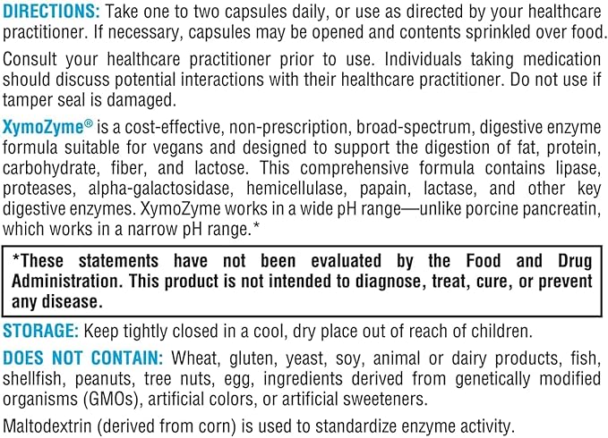 XYMOGEN XymoZyme - Vegan Digestive Enzyme Supplement for Digestive Health Support* - Plant-Based Multi-Enzyme Formula - Gluten-Free & Dairy-Free - 60 Capsules