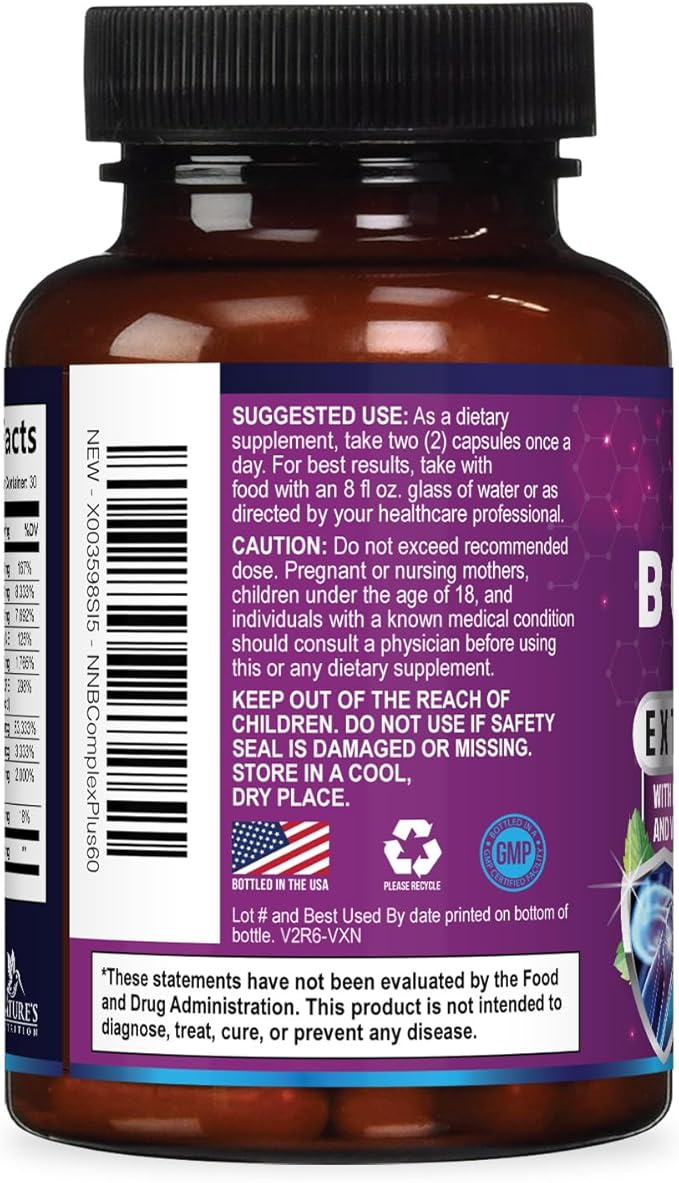 B Complex Vitamins Capsules - Super Complete B-100 Complex with Vitamin B12 B6 C Biotin Folate & Folic Acid for Immune & Energy Support - Supplement for Heart, Brain, & Nerve Support - 60 Capsules