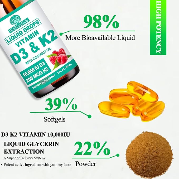 D3 K2 Vitamin 10000iu, Liquid Drop Vitamin D3 With K2 (MK-7)200mcg Coconut Oil, 6X Stronger Than D3 K2 Sofegels, Magnesium Zinc for Absorption -K2 D3 Vitamin Supplement for Joint Teeth & Bone Health