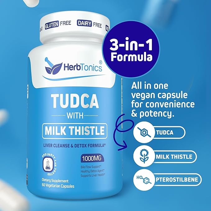 Herbtonics TUDCA 1000mg Liver Detox & Gallbladder Support – Milk Thistle & Pterostilbene Enhanced Bile Salt for Liver Cleanse, Healthy Bile Flow, and Digestive Health (60 Vegan Capsules)