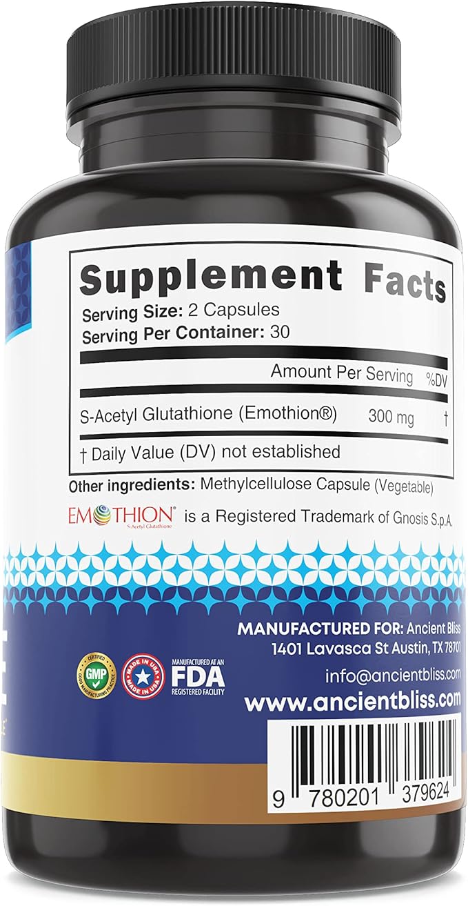 Ancient Bliss S-Acetyl Glutathione Supplement – Plant-Based Antioxidant Formula for Daily Wellness – 60 Vegan Capsules
