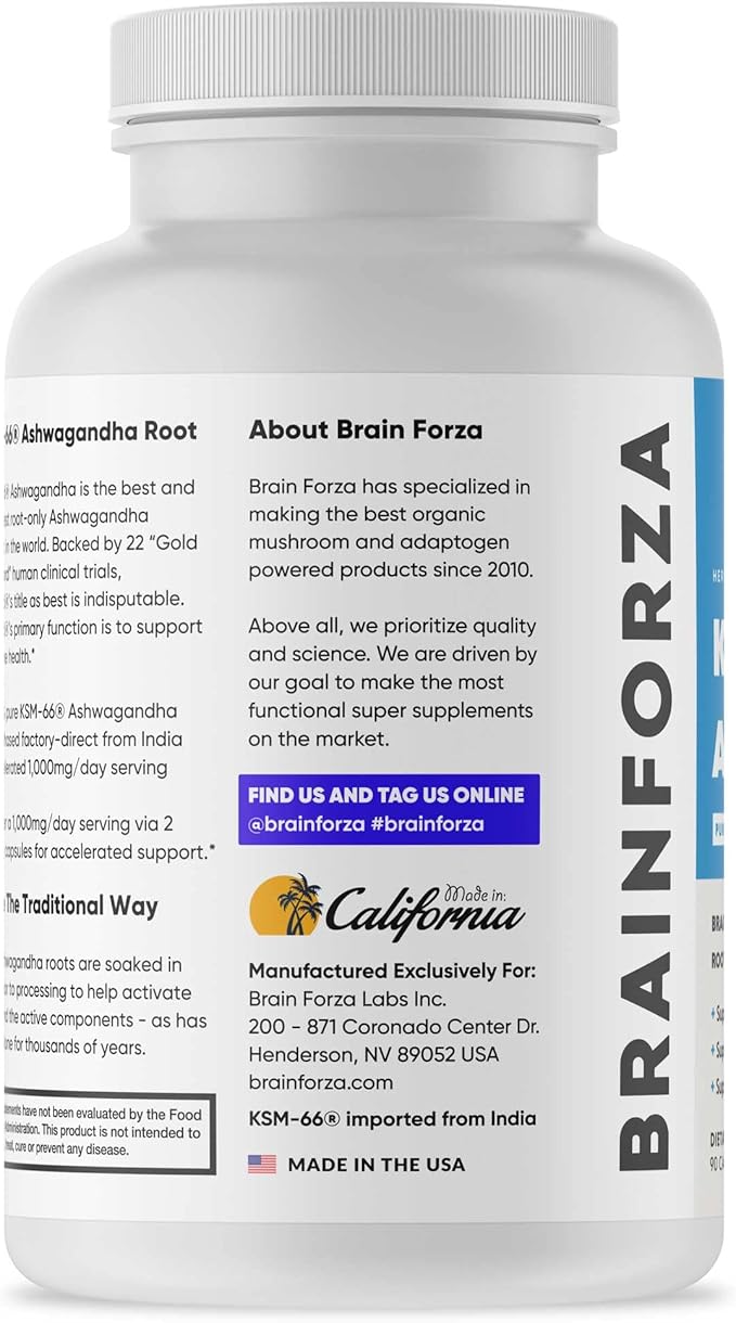Brain Forza KSM-66 Ashwagandha Organic Pure Root Extract, Strongest 1,000mg Dose, High Potency 5% Withanolides, Hormone Health, Cognitive Support, Organic, Non-GMO, 90 Capsules