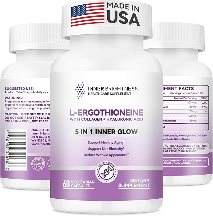 Inner Brightness L-Ergothioneine Supplements with Hyaluronic Acid & Collagen for Women, Non-GMO, Gluten Free, Vegan, Promotes Longevity & Healthy Aging, 60 Capsules