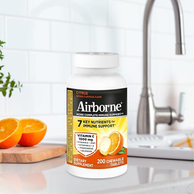 Airborne Citrus Chewable Tablets, 200ct | Immune Support Supplement with 1000mg Vitamin C + Vitamins A, D, E, Zinc,Selenium, & Manganese | Herbal Blend | Gluten Free