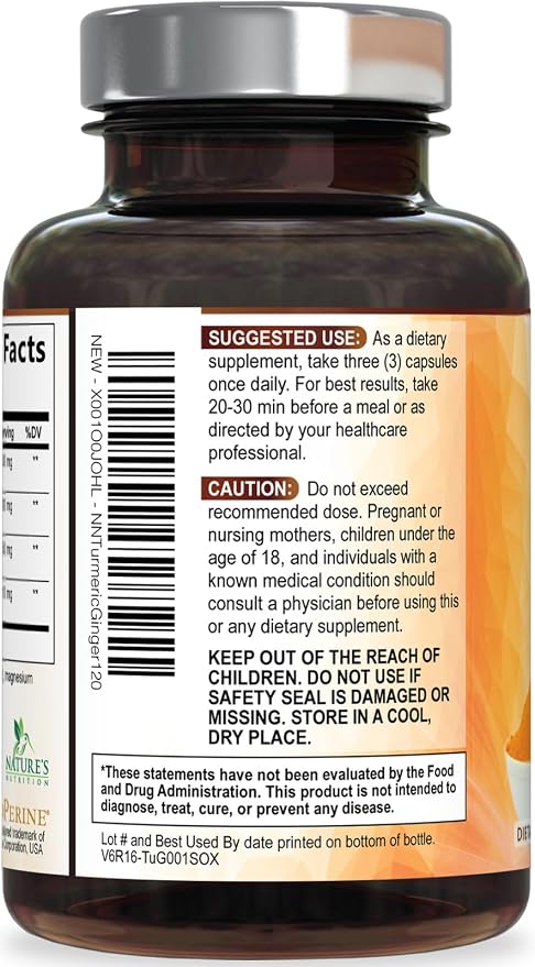 Turmeric Curcumin Supplement - 95% Curcuminoids with Organic Turmeric & Ginger, BioPerine Black Pepper Extract for Best Absorption, Natural Vegan Joint Support, Non-GMO, Bottled in USA - 120 Capsules