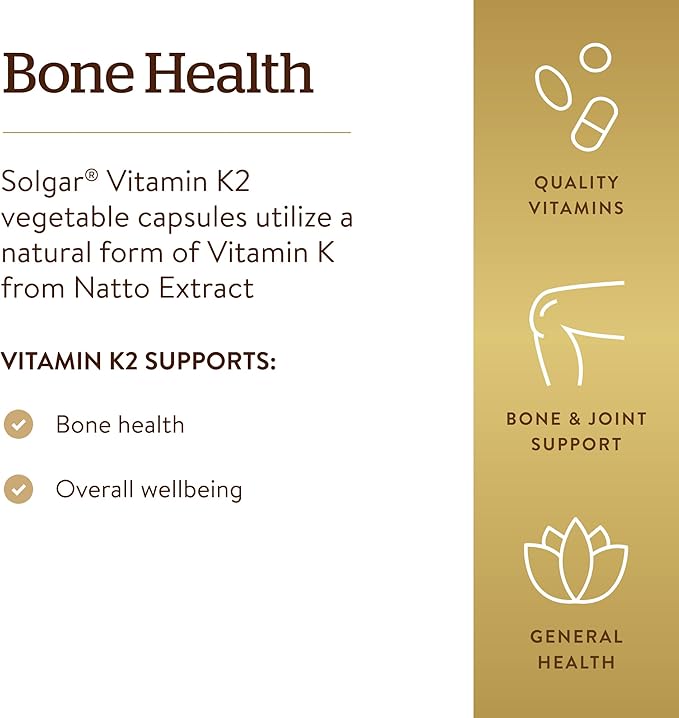 Solgar Naturally Sourced Vitamin K2 (MK-7) 100 mcg - 50 Vegetable Capsules - Supports Bone Health - Whole Food Source from Natto Extract - Non-GMO, Gluten Free - 50 Total Servings