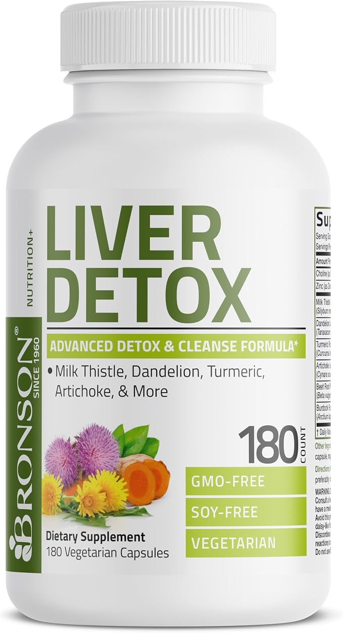 Bronson Liver Detox Advanced Detox & Cleansing Formula Supports Health Liver Function with Milk Thistle, Dandelion Extract, Turmeric, Artichoke Leaf & More, Non-GMO, 180 Vegetarian Capsules