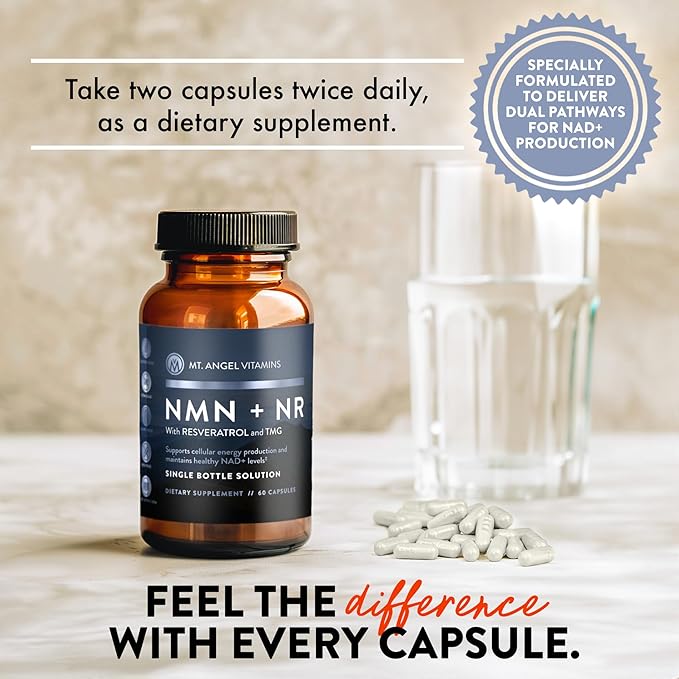 Mt. Angel Vitamins NMN Supplement + NR with Resveratrol & TMG, Dual NAD+ Precursors for Cellular Energy & Healthy Aging, 60 Capsules