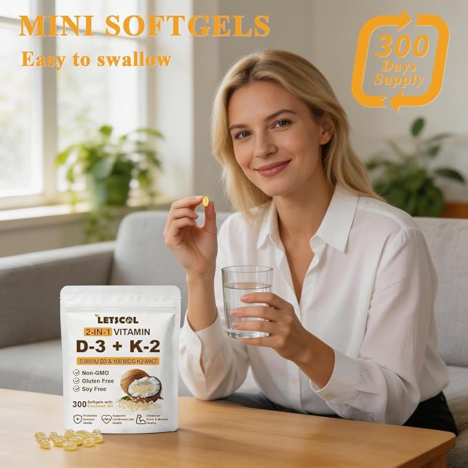 2-in-1 Vitamin D3 K2 Supplement Softgel, Vitamin D3 5000 IU and Vitamin K2 100 mcg, K2 MK7 with D3 Vitamin Supplement Support Immune, Heart, Joint, Teeth & Bone Health