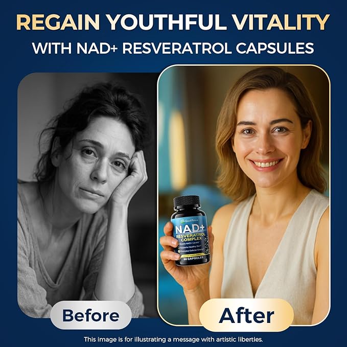 NAD+ Supplement - NAD Supplements for Women & Men - Liposomal NAD+ Resveratrol Complex with Urolithin A, CoQ10 - Boosts NAD+ Levels, Cellular Energy & Healthy Skin - Third-Party Tested - 60 Capsules