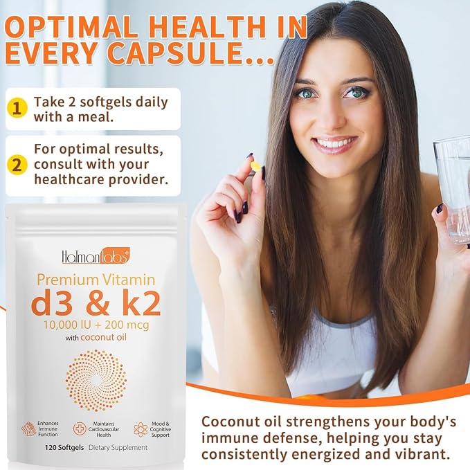 Vitamin D3 K2 Supplement Softgel, Vitamin D3 K2 Softgel with 10000 IU Supports Immune, Heart, Teeth & Bone Health, Free of GMO, Gluten, Soy, 120 Softgels